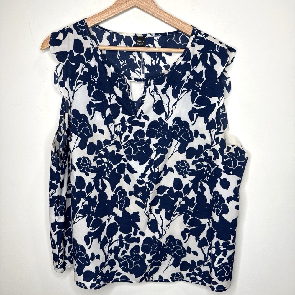 Emery Rose Floral Blouse Women 2X Blue Flutter Sleeve Scallop Office Career Work